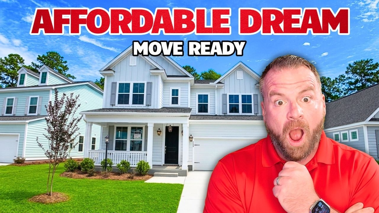 Real estate thumbnail with “AFFORDABLE DREAM” text, suburban house, and surprised man in red shirt