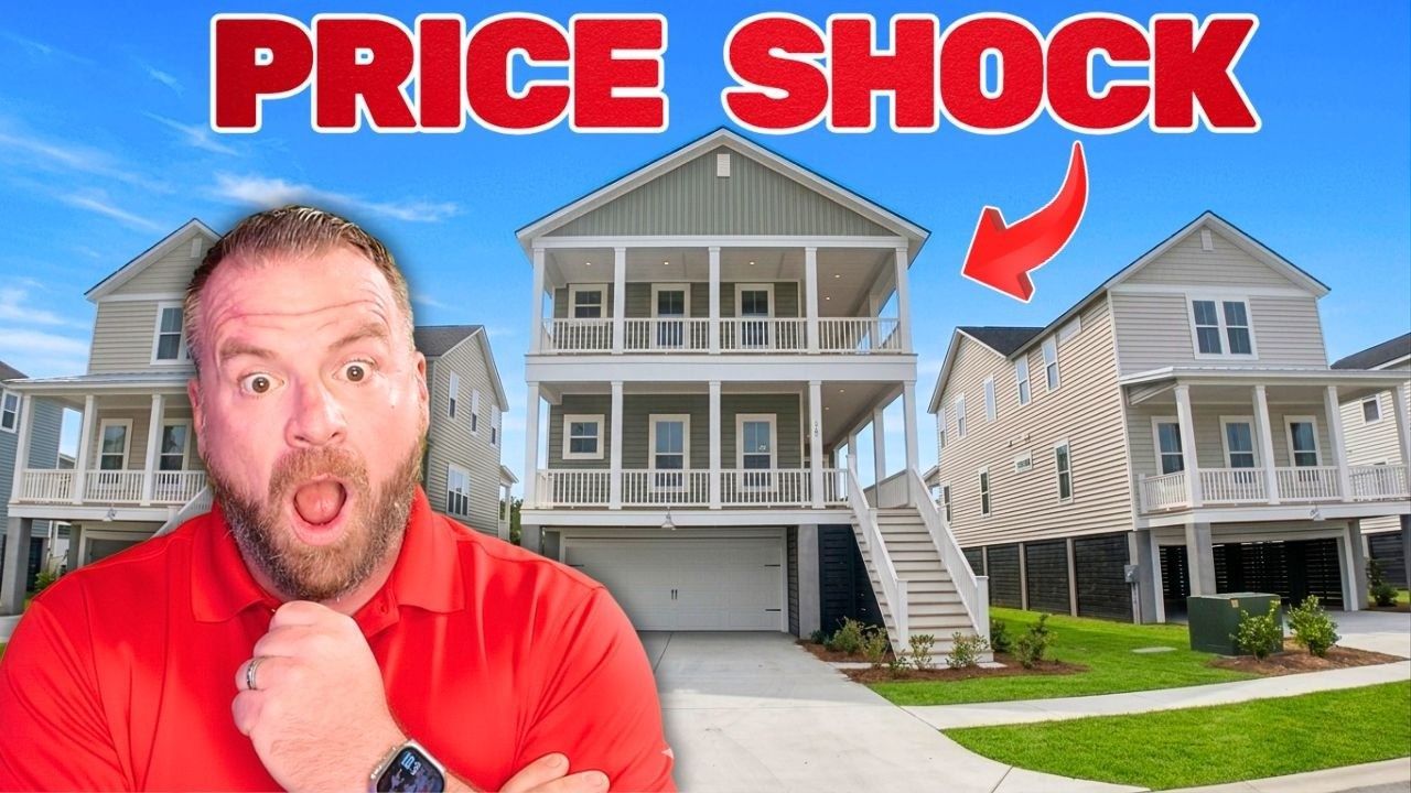 Red “PRICE SHOCK” text over suburban house with surprised man in red shirt and red arrow pointing to home