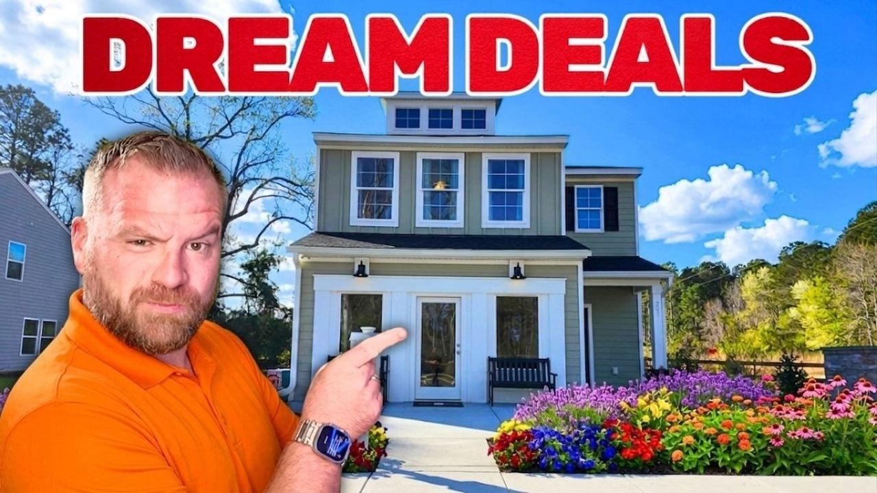 Man pointing at a house with bold “DREAM DEALS” text above, blue sky and colorful flowers in front