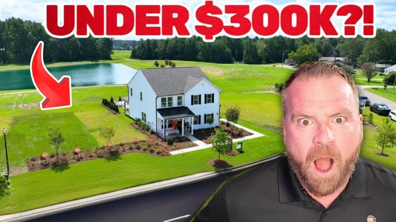 Man with surprised expression next to house, 