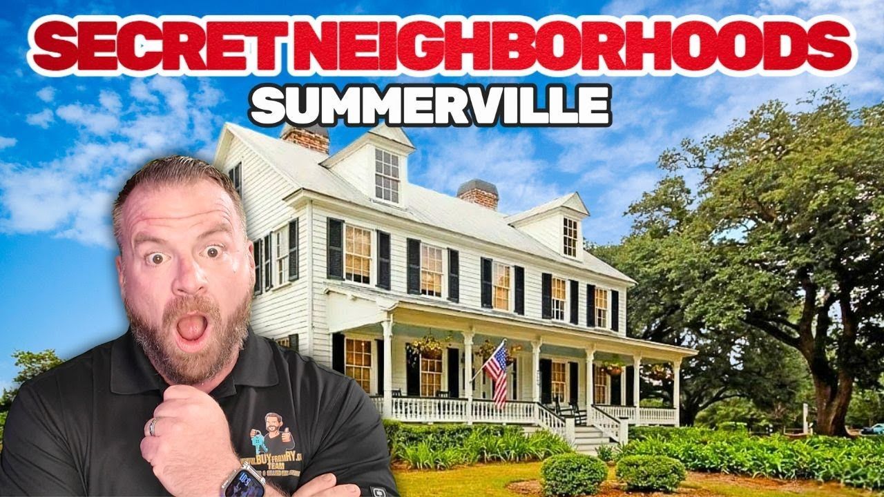 Man with surprised expression in front of a white house with a porch, titled