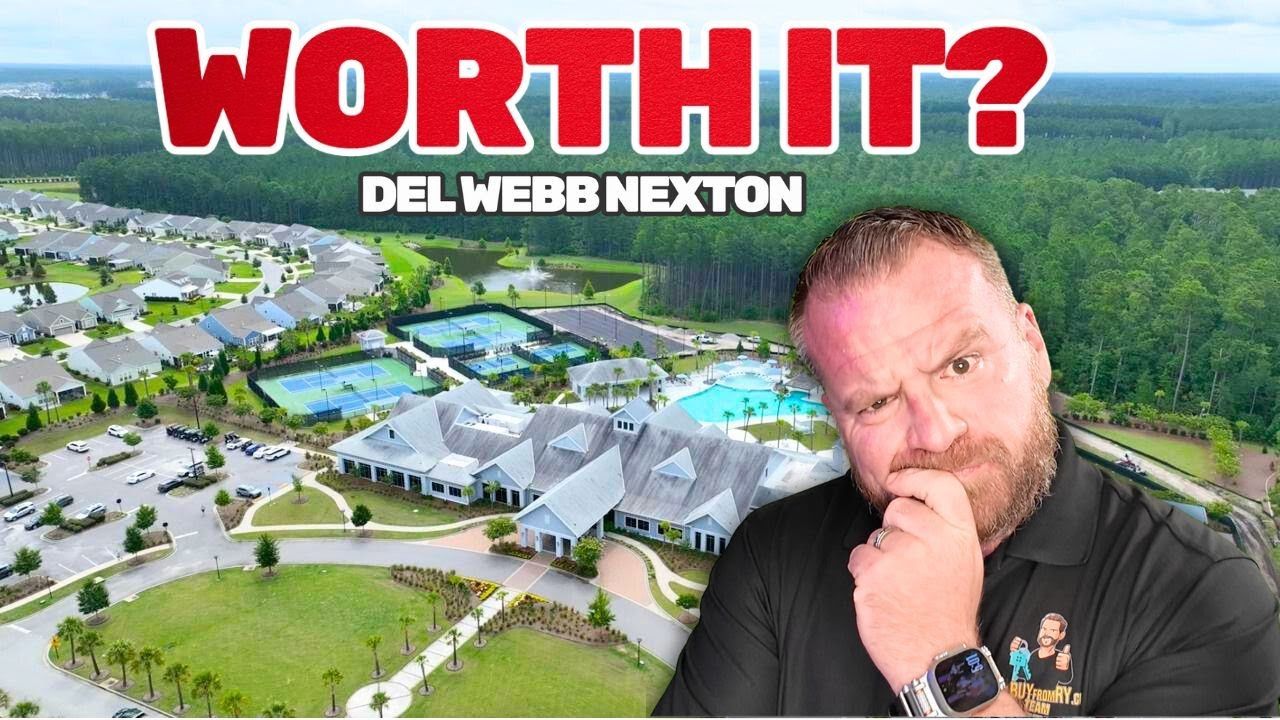 Man pondering, with a Del Webb Nexton community in the background, titled