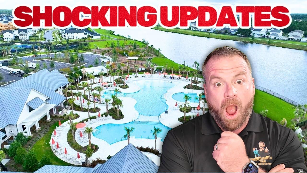 Man with surprised expression in front of a resort pool and lake. Text: