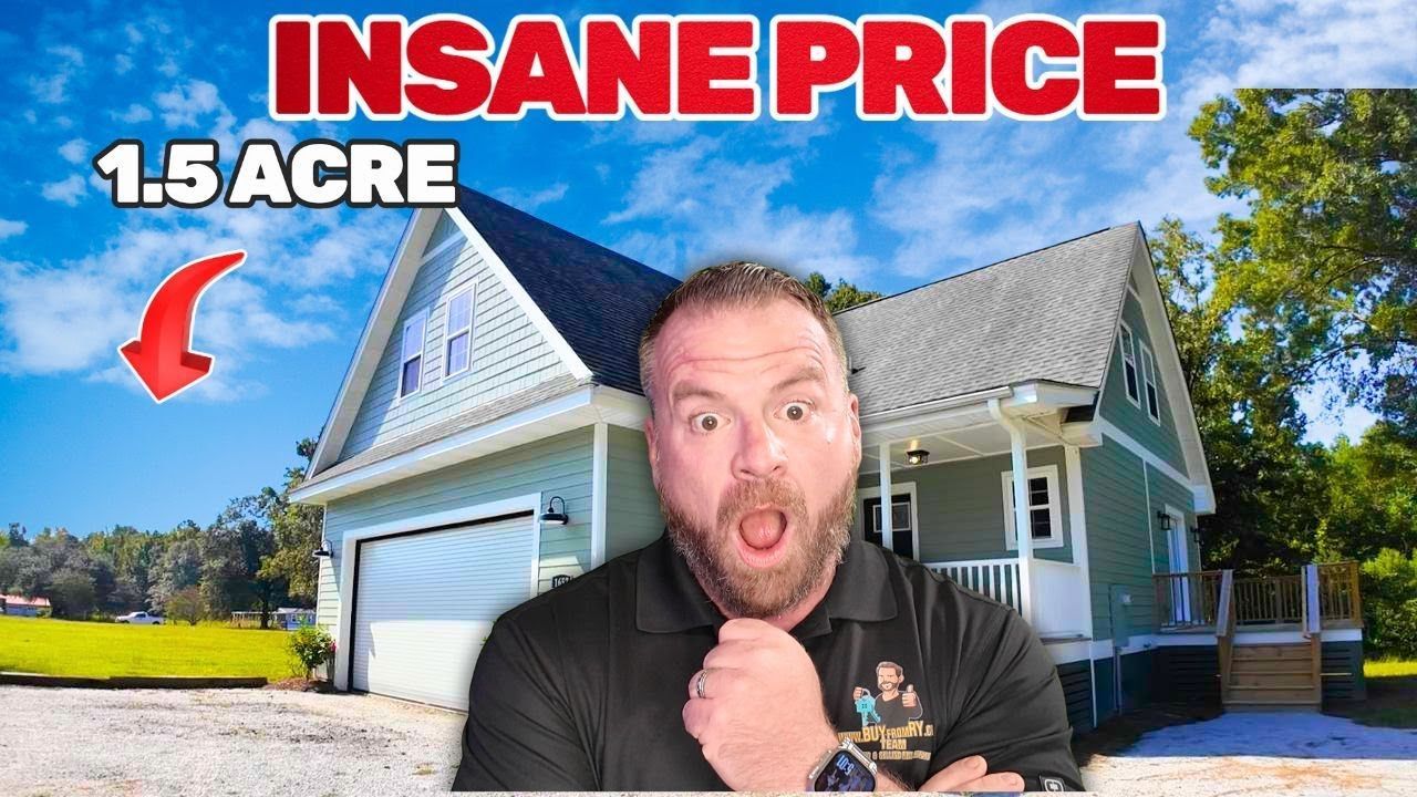 Man with surprised expression in front of a house. Text: