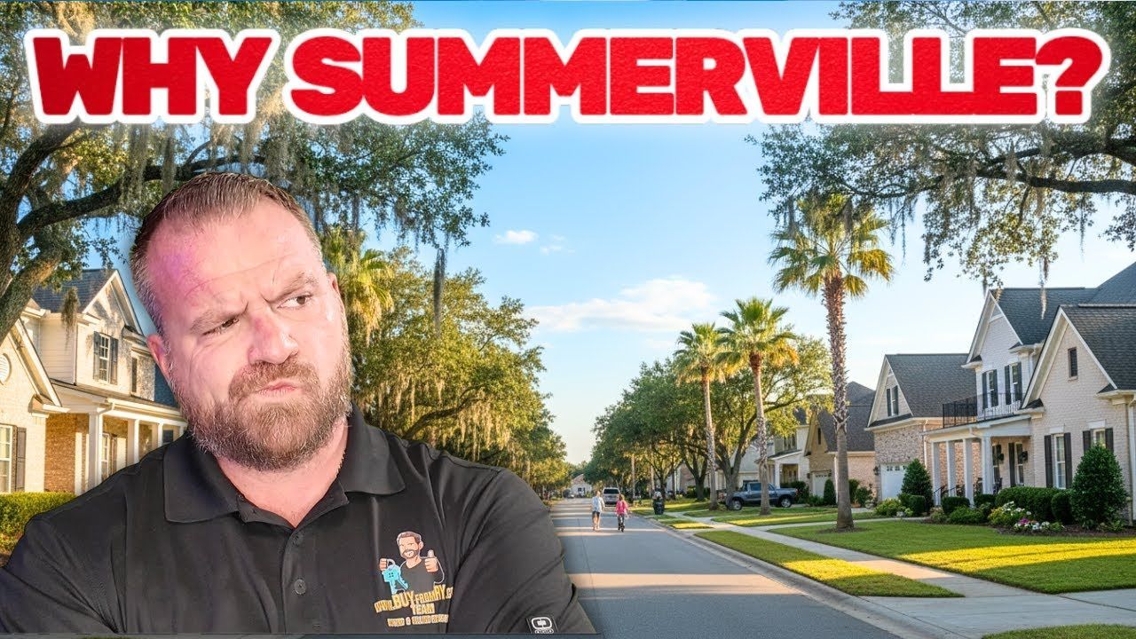 Man with skeptical expression in front of a street of houses in Summerville, South Carolina. Text: