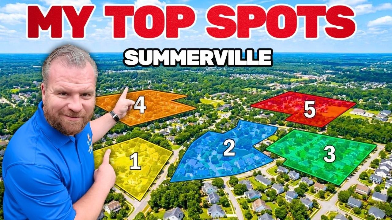 Man pointing over aerial map labeled “MY TOP SPOTS” and “SUMMERVILLE” with five colored numbered areas