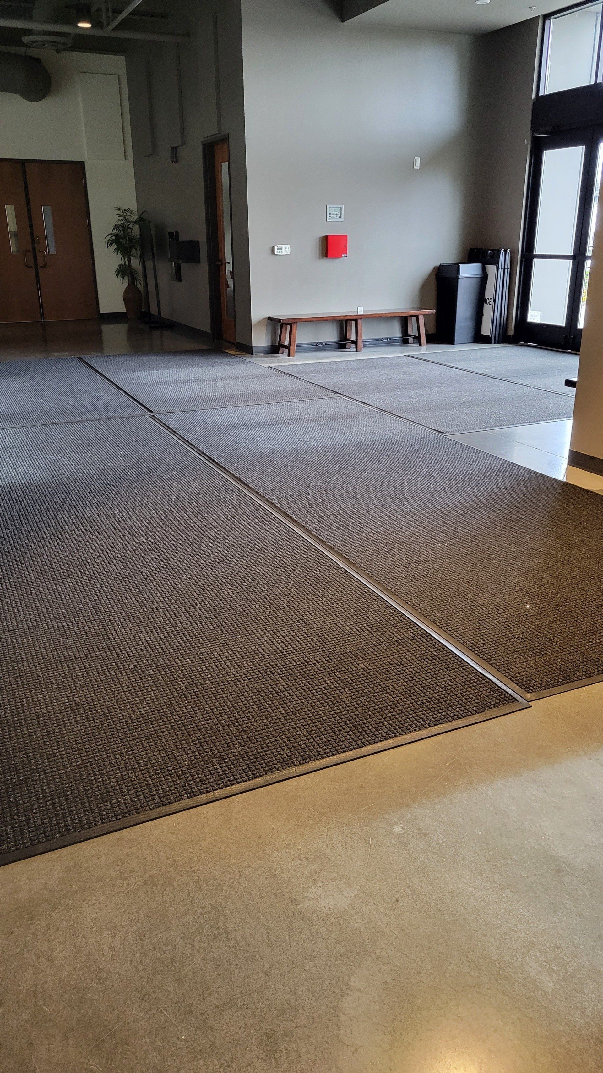 A large room with a carpeted floor and a bench.