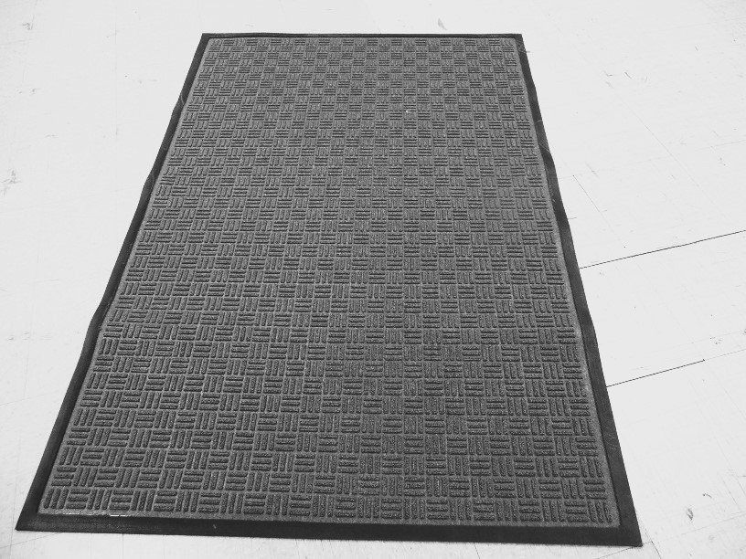 A black and white photo of a rug on a white surface