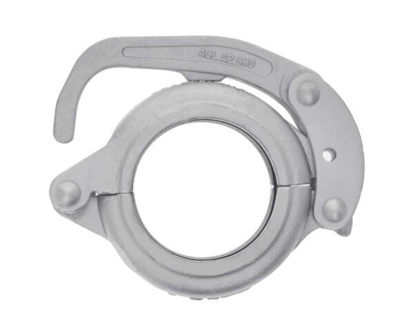 A close up of a gray ring with a handle on a white background