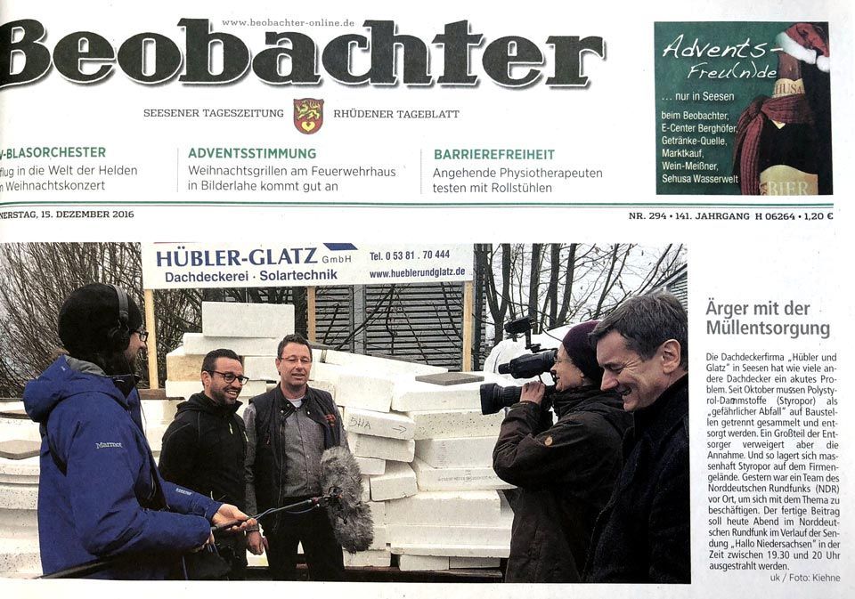 Zeitungsartikel vom 15.12.2016 „Ärger mit Müllentsorgung“ mit Dachdeckerei Hübler und Glatz GmbH