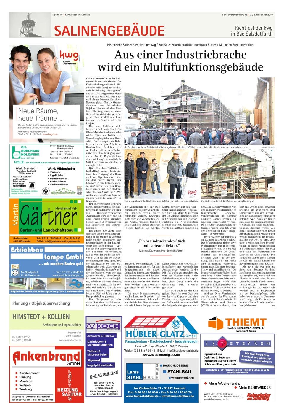 Zeitungsartikel vom 02.11.2019 „Aus einer Industriebrache wird einen Multifunktionsgebäude“