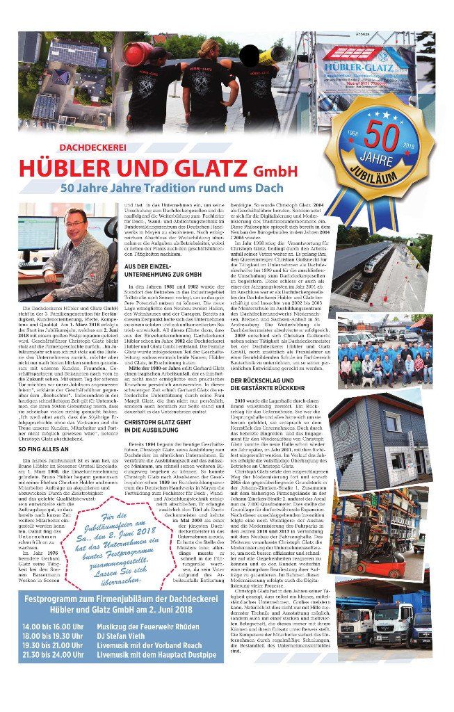 Zeitungsartikel zum 50 Jahre Jubiläum von Dachdeckerei Hübler und Glatz GmbH