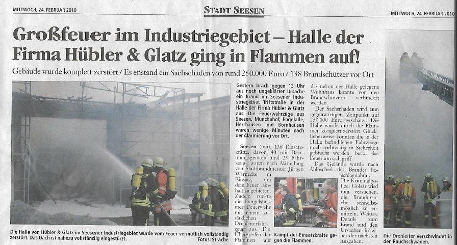 Vom 24.02.2010 „Großfeuer im Industriegebiet – Halle der Firma Hübler & Glatz ging in Flammen auf!“