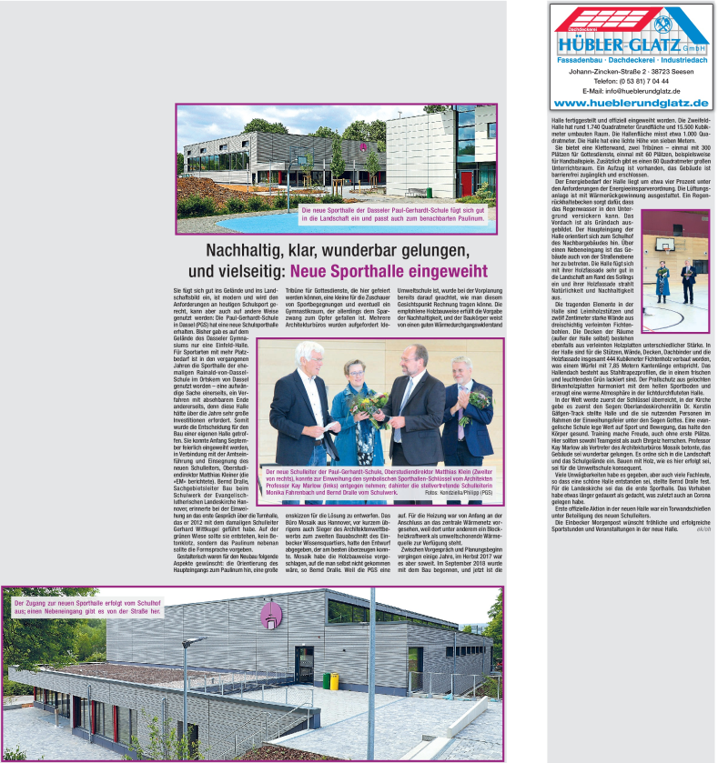 Zeitungsartikel Einbecker Morgenpost zur Sporthalle der Paul-Gerhardt-Schule