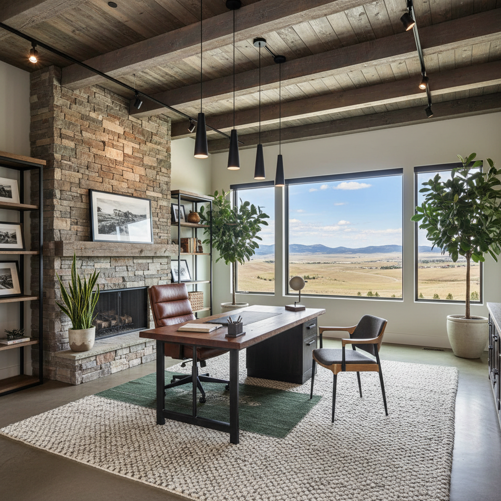 Home office with desk, fireplace, large windows, and outdoor view.