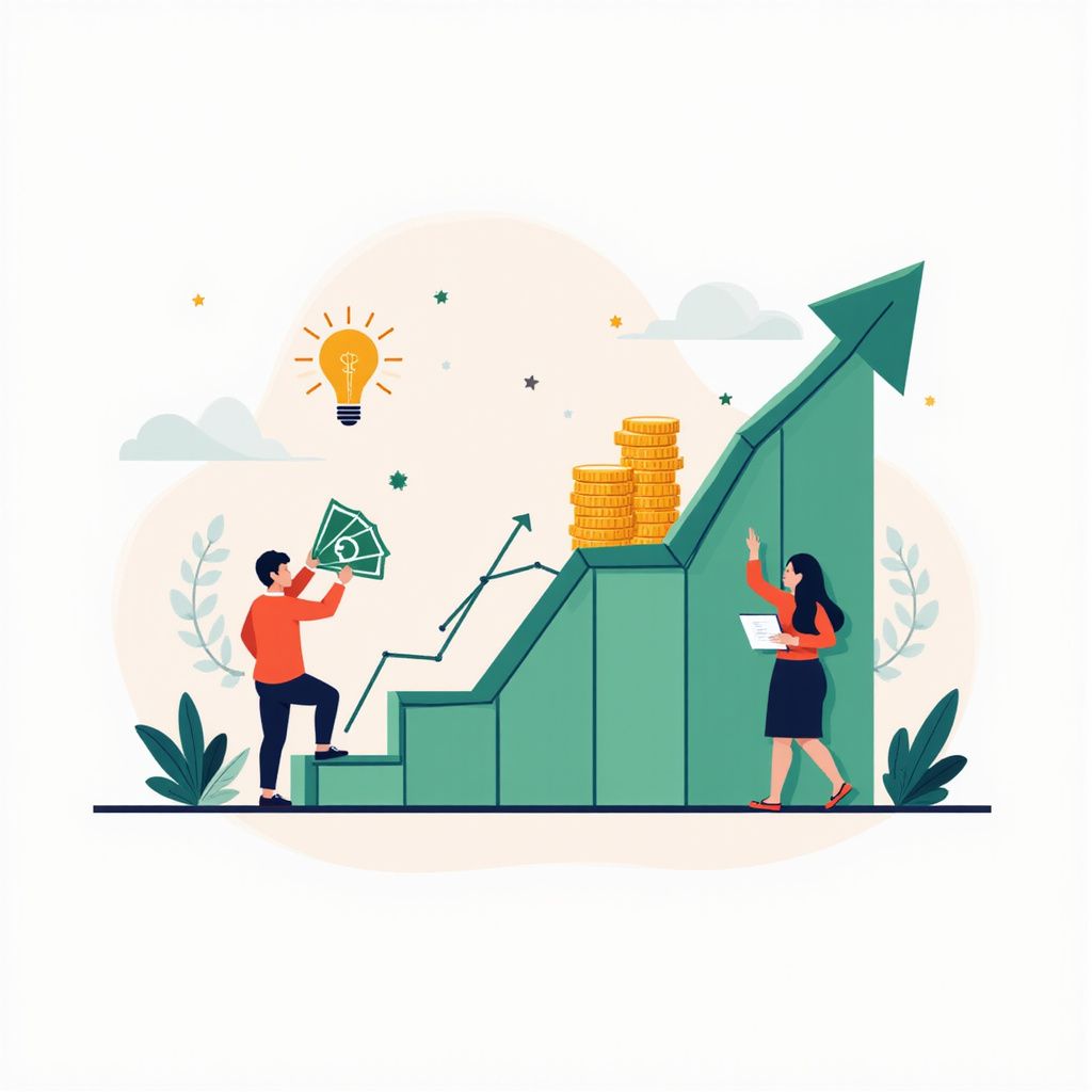 Businesspeople on growth chart; one with money, one with document, with rising arrow.