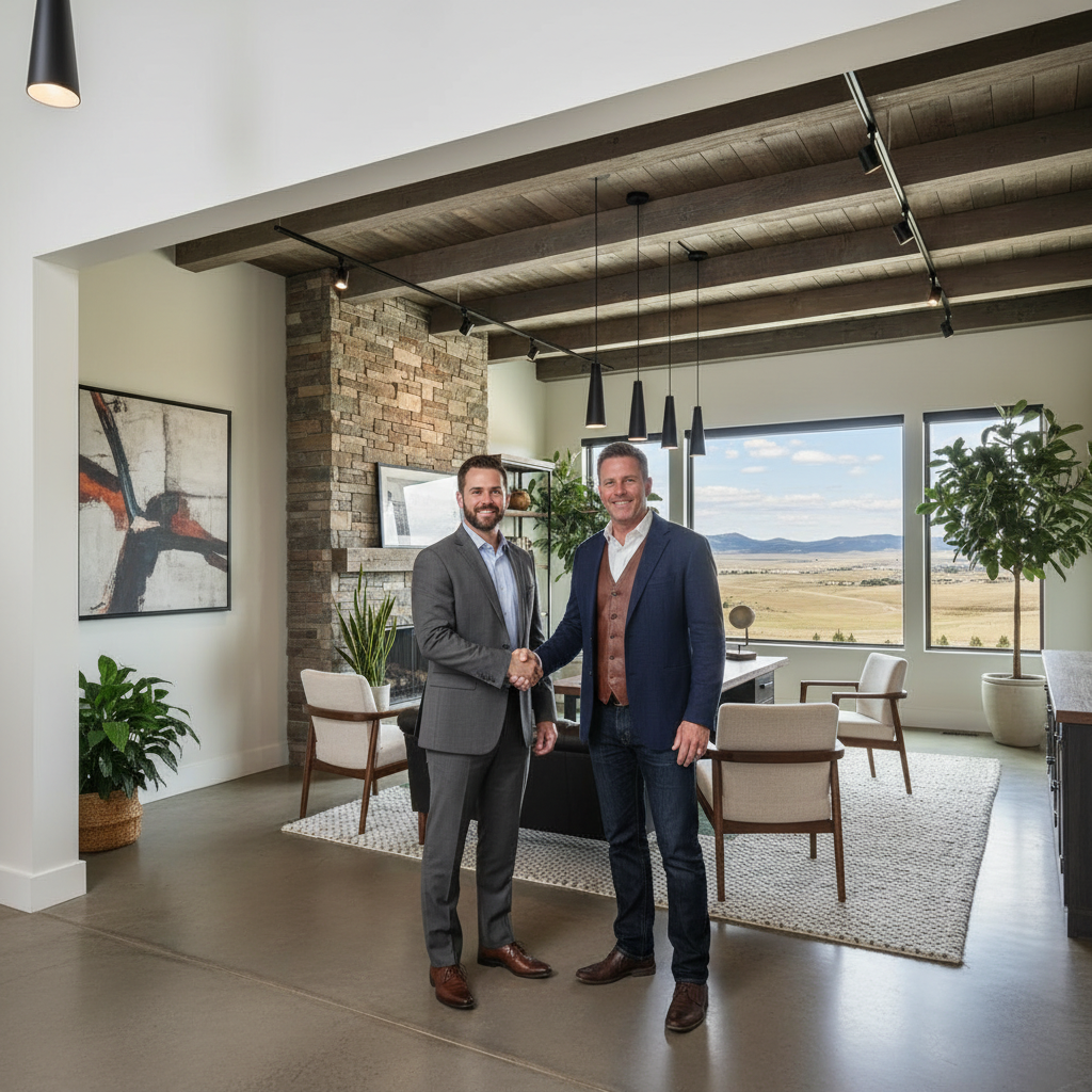 Two men shaking hands in a modern living room, fireplace, mountain view.
