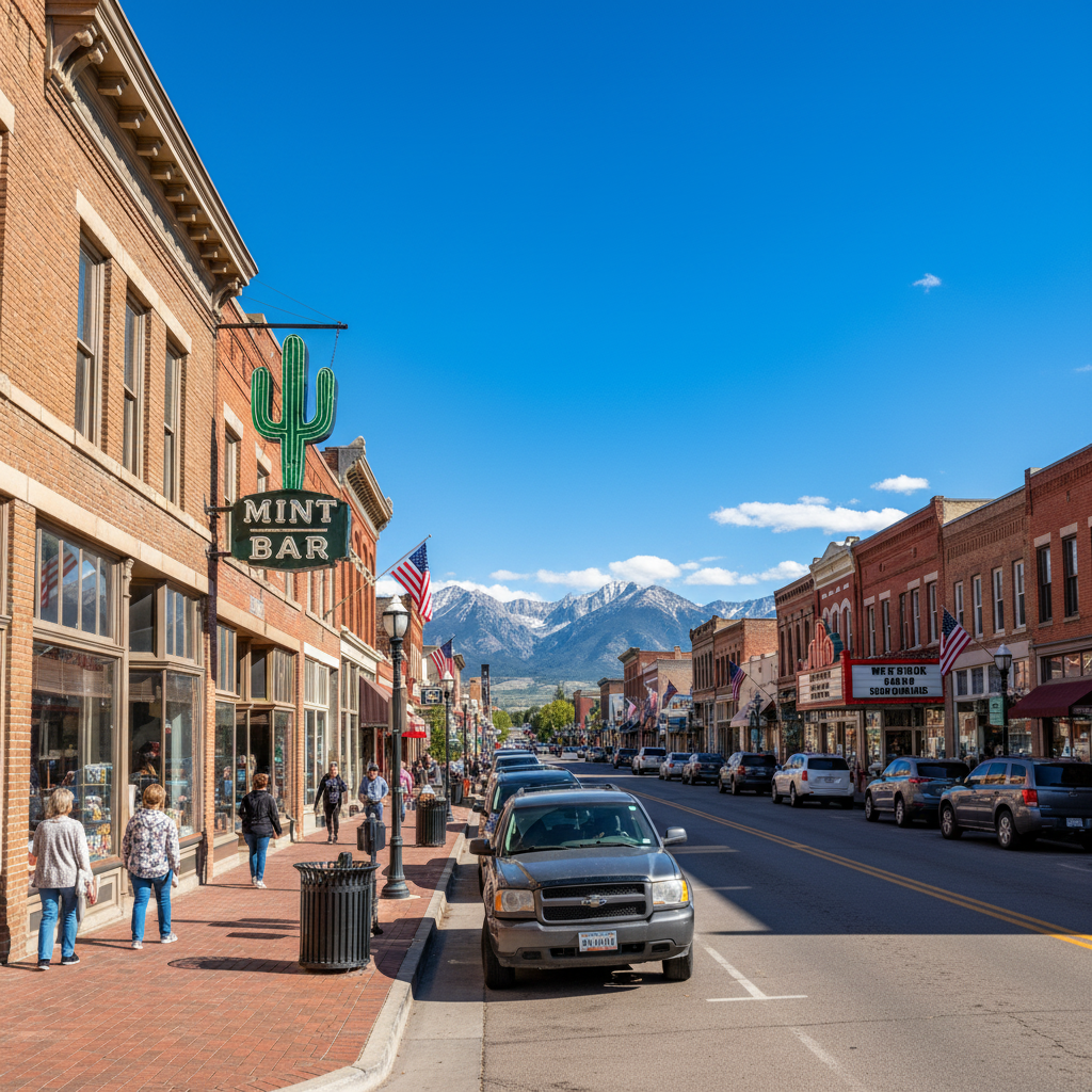 Street scene in a town, with brick buildings, cars parked on the street, people walking, and mountains in the background.