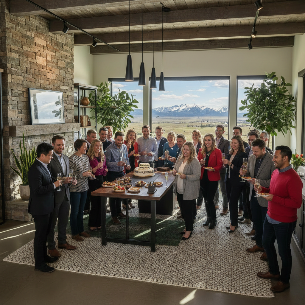 Group of people celebrating in a modern room with a mountain view, gathered around a table with food and drinks.