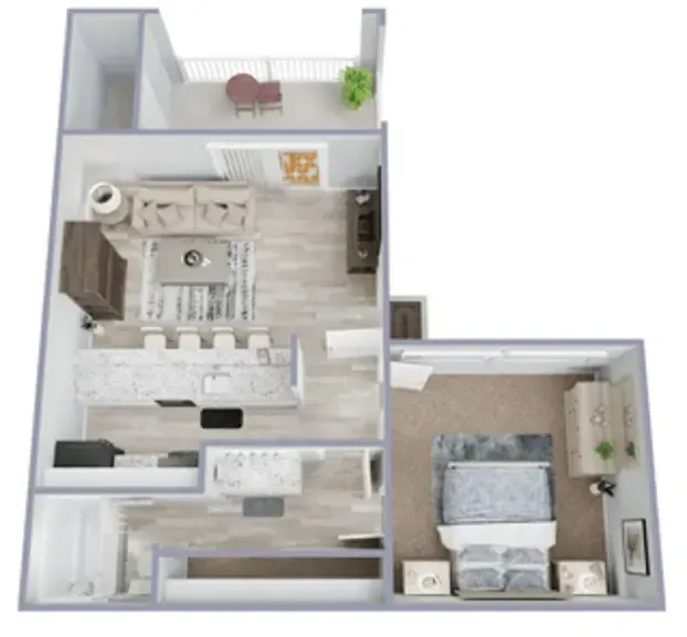 A 3d floor plan of a small apartment with a bedroom , living room , kitchen and bathroom.