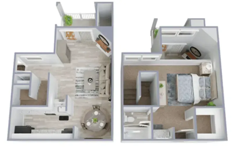 A 3d floor plan of a house with two bedrooms and a balcony.