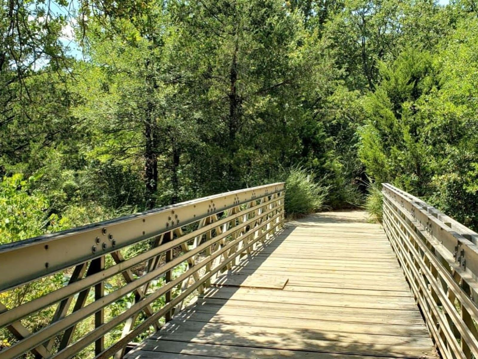 Wooden bridge over a green, tree-filled landscape.