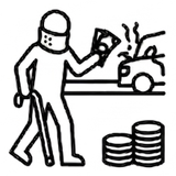 Una figura stilizzata con un collare ortopedico e un bastone tiene in mano del denaro accanto a un'auto incidentata e a pile di monete.