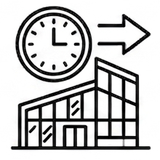 Un'icona stilizzata in bianco e nero raffigurante un orologio sopra un edificio moderno con una freccia che punta verso destra.