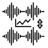 Due forme d'onda audio identiche separate da un grafico con andamento ascendente e una freccia verticale a doppia punta.