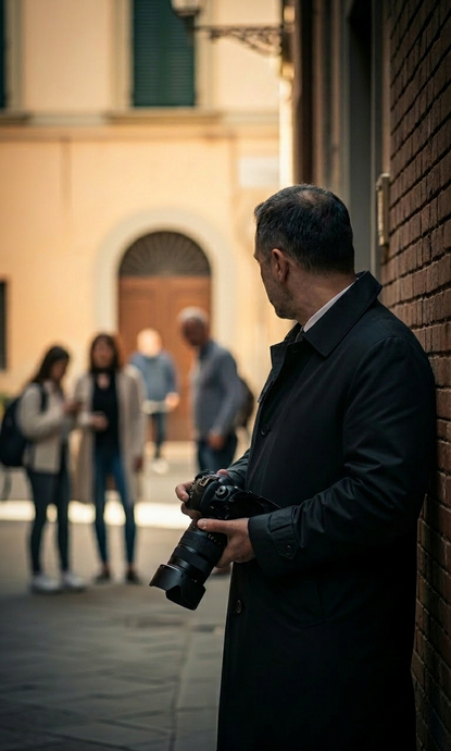 Una persona con un cappotto scuro è in piedi contro un muro di mattoni, con in mano una macchina fotografica, mentre osserva delle persone sfocate in una piazza cittadina.