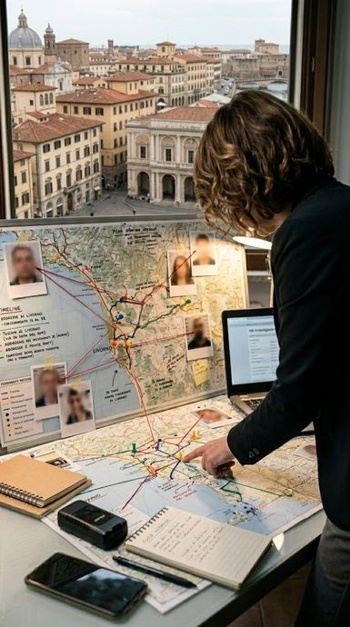 Una persona analizza una mappa con foto e appunti su una scrivania, sullo sfondo di uno scorcio di una città storica italiana.