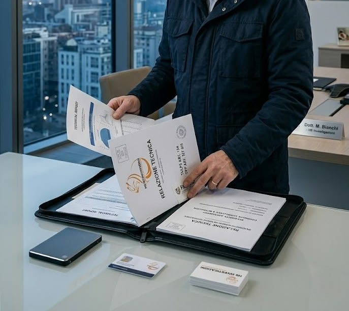 Una persona con una giacca scura sistema documenti con il logo aziendale all'interno di una cartella di pelle su una scrivania, insieme a biglietti da visita.