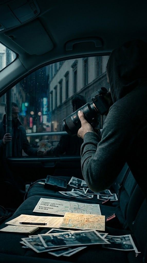 Una persona in auto tiene in mano una macchina fotografica, mentre osserva una strada cittadina battuta dalla pioggia, disseminata di foto e mappe sul sedile posteriore.