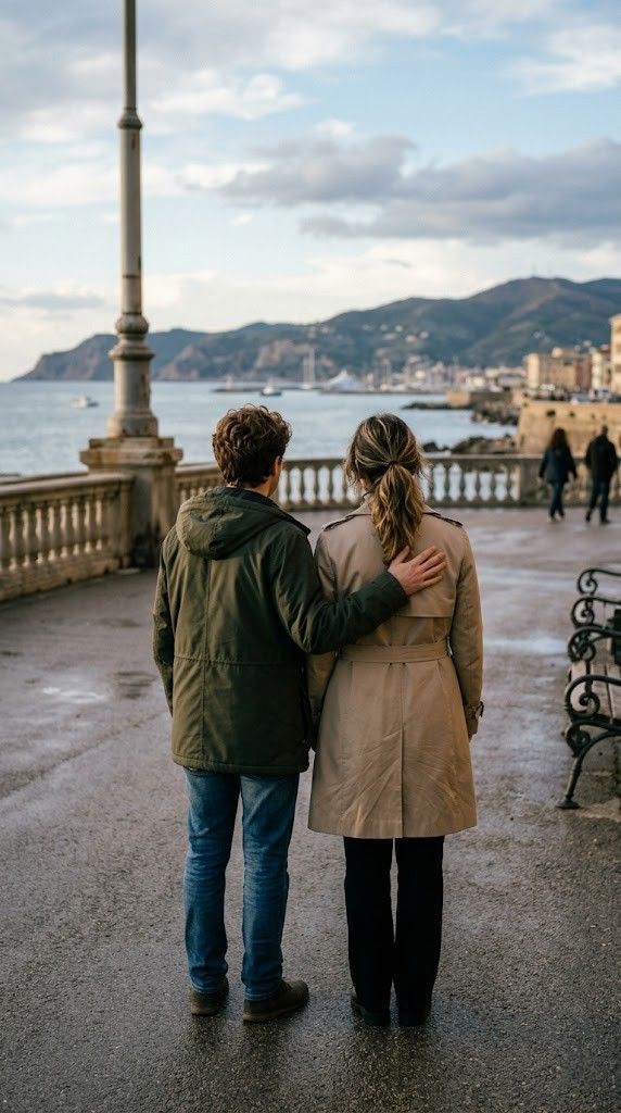 Una persona con una giacca verde tiene un braccio intorno a una persona con un impermeabile color cachi, entrambe di fronte a un panorama costiero e alle montagne.