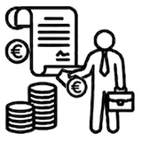 Un'icona stilizzata raffigurante un uomo d'affari con una valigetta, accanto a un contratto e a pile di monete in euro.