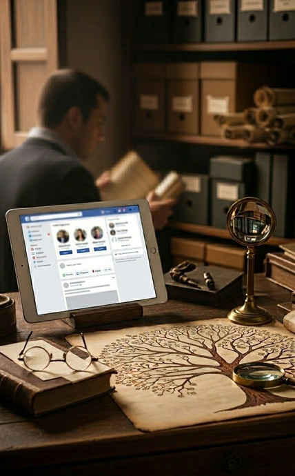 Su una scrivania, insieme a un albero genealogico, degli occhiali e una lente d'ingrandimento, si vede un tablet che mostra una pagina di social media.
