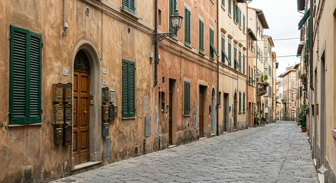 Una stretta via acciottolata in un'antica cittadina europea, fiancheggiata da edifici color cuoio, persiane verdi e portali ad arco.
