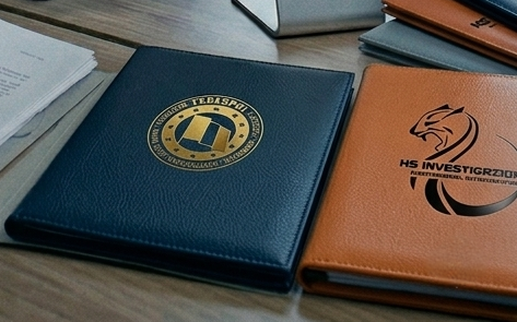 Su una scrivania di legno sono appoggiati un quaderno blu scuro e un quaderno in pelle color cuoio con dei loghi.