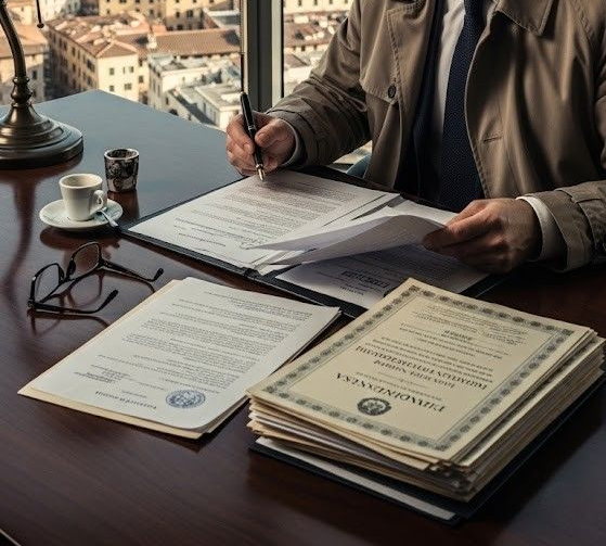 Una persona con un cappotto color cachi è seduta a una scrivania, intenta a rivedere e firmare documenti vicino a una tazza di caffè e a dei bicchieri.