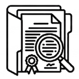 Un'icona in bianco e nero raffigurante una cartella contenente un documento certificato, esaminato con una lente d'ingrandimento.