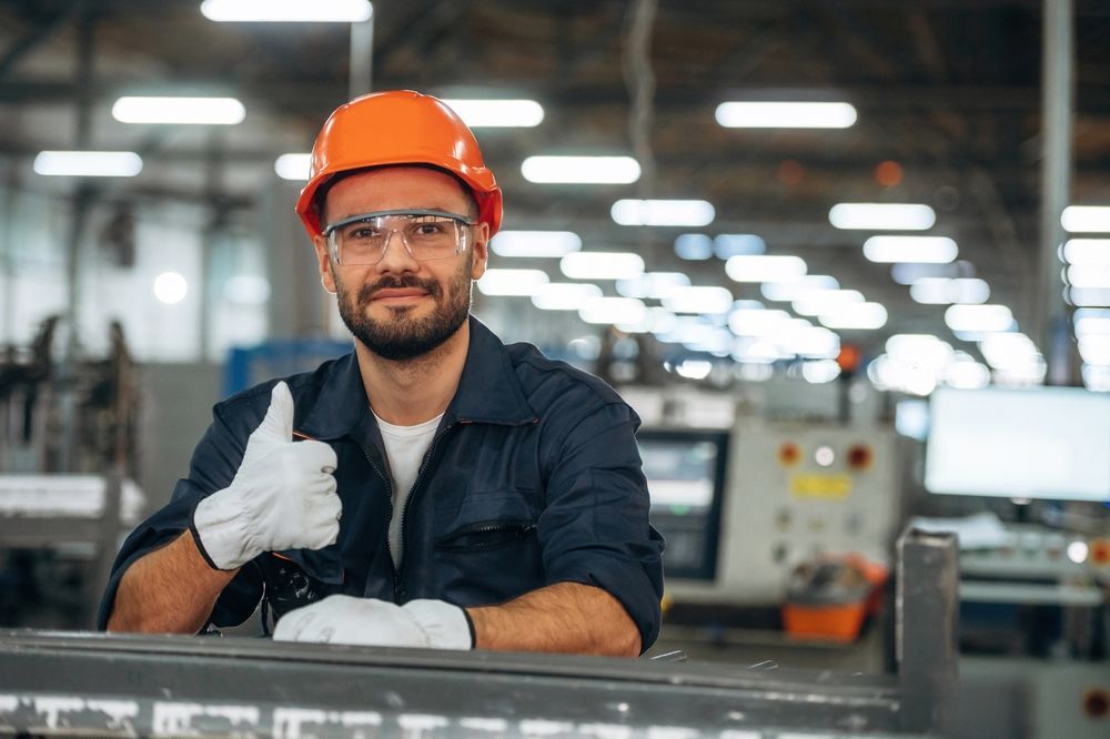Man in orange hard hat and safety glasses, giving a thumbs-up in a factory setting.