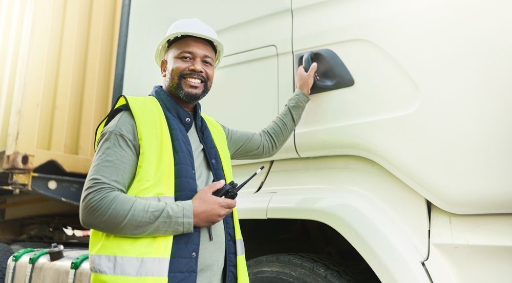 Truck driver in a hard hat and safety vest smiling, holding a radio next to a white truck.