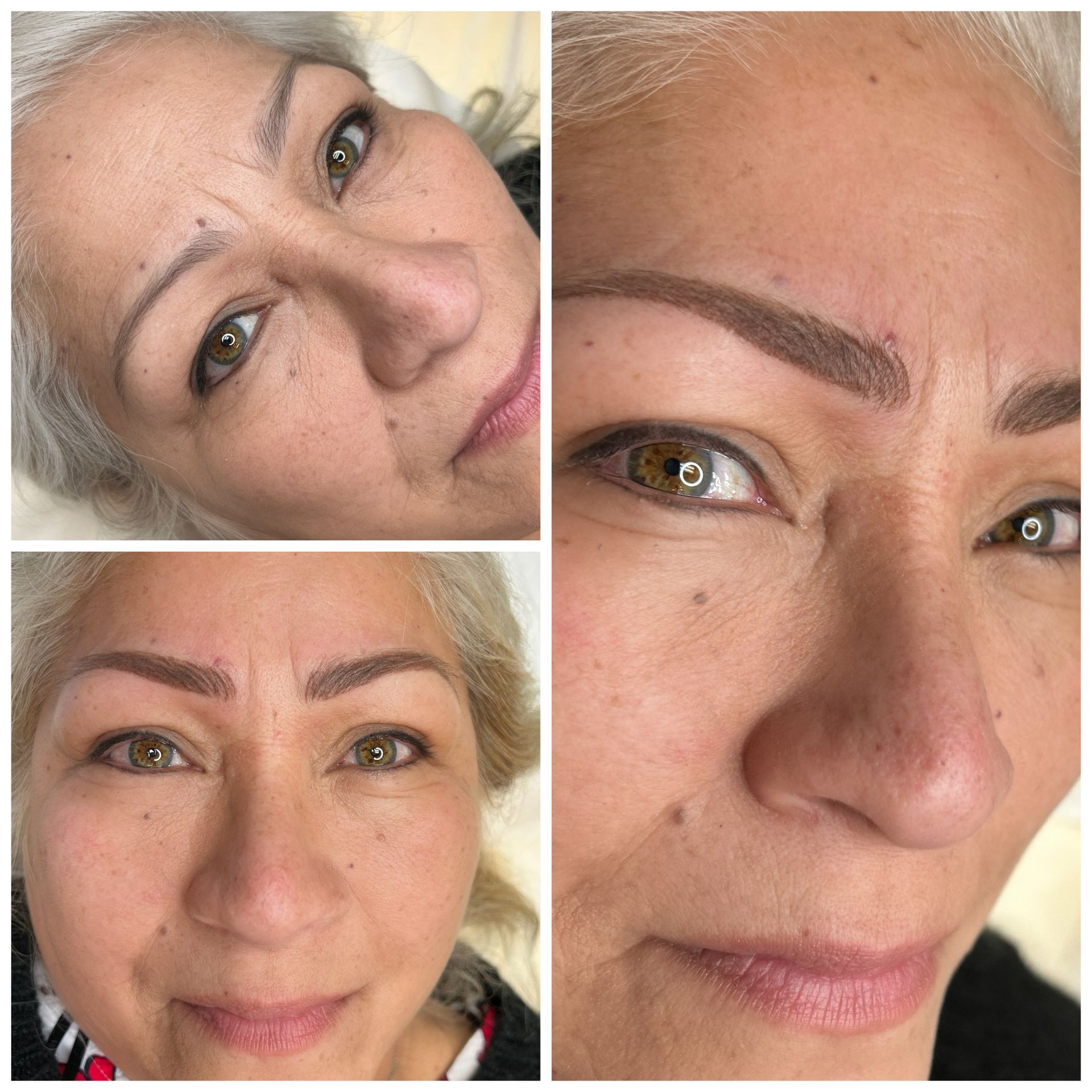 A close up of a woman 's face with permanent makeup on her eyebrows.