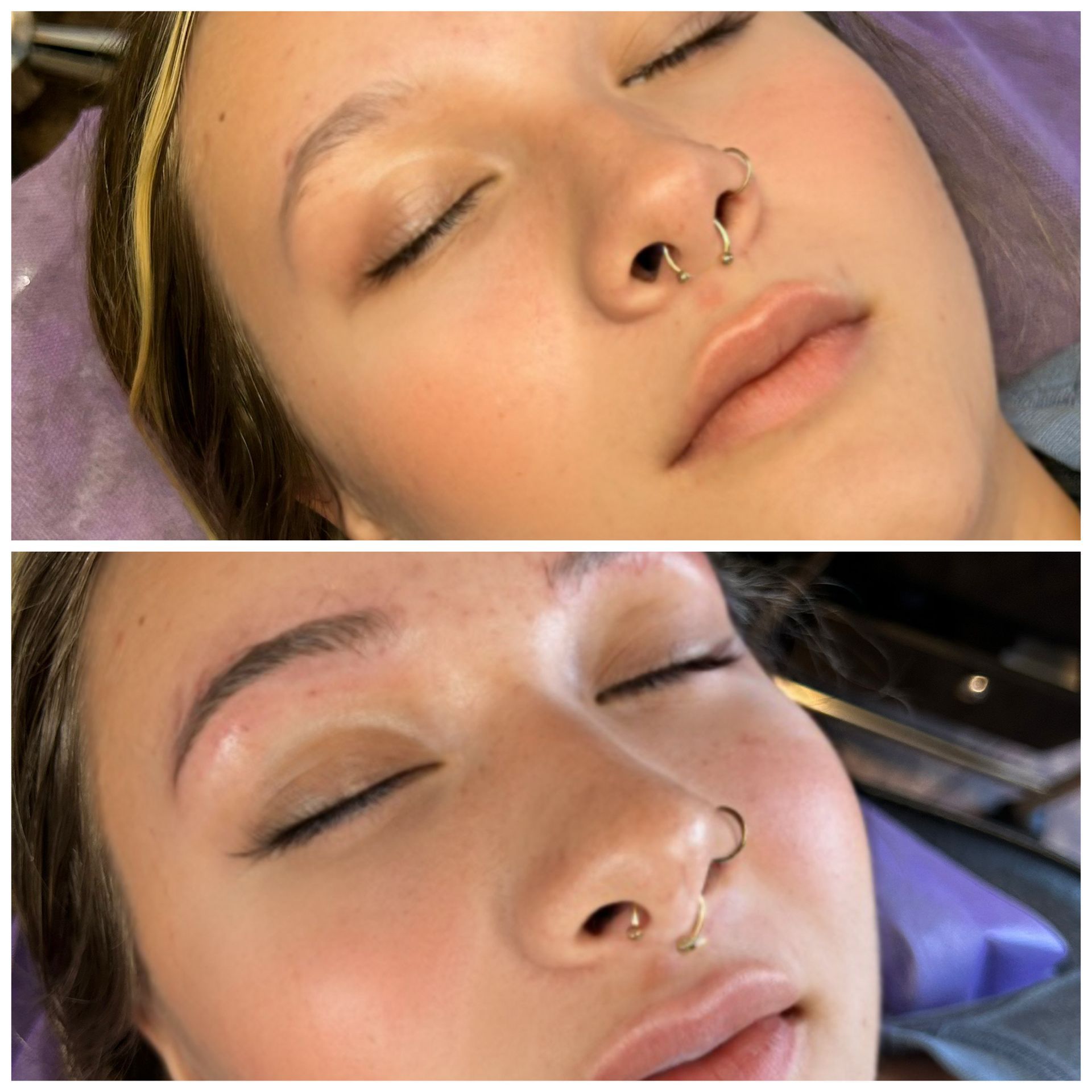 A before and after picture of a woman with a nose ring