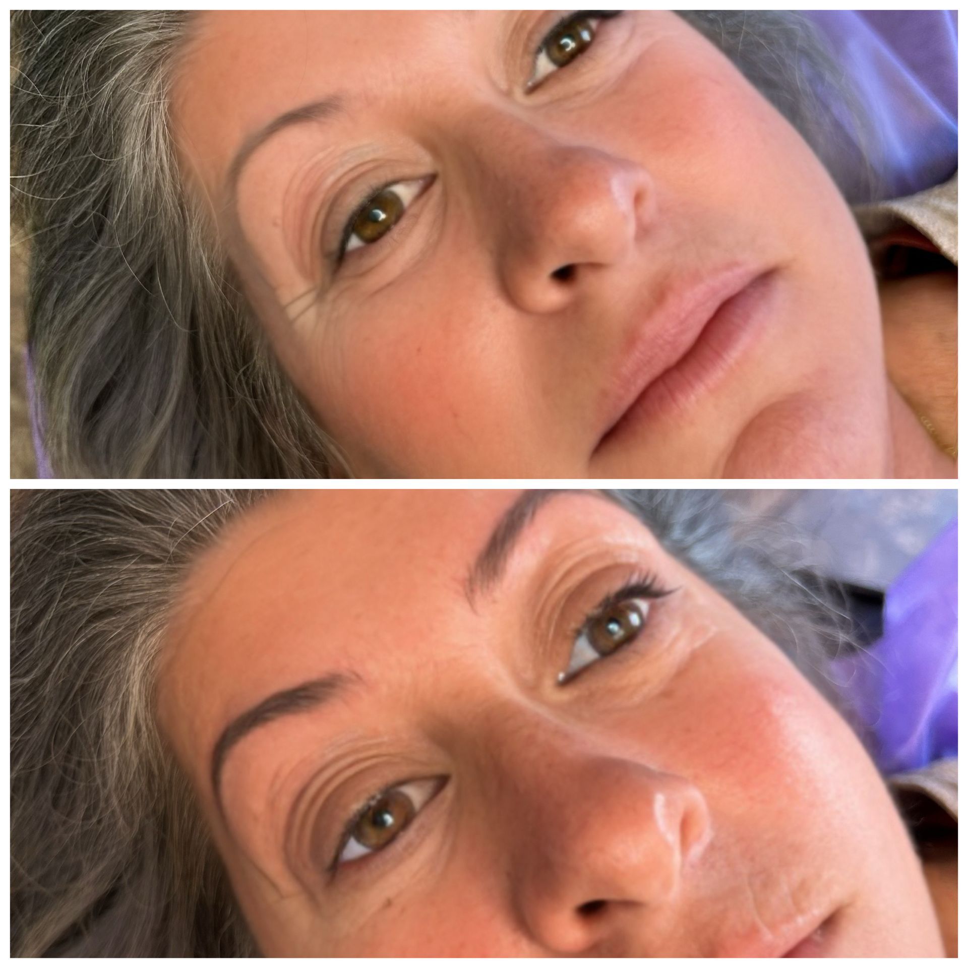 A before and after picture of a woman 's eyebrows