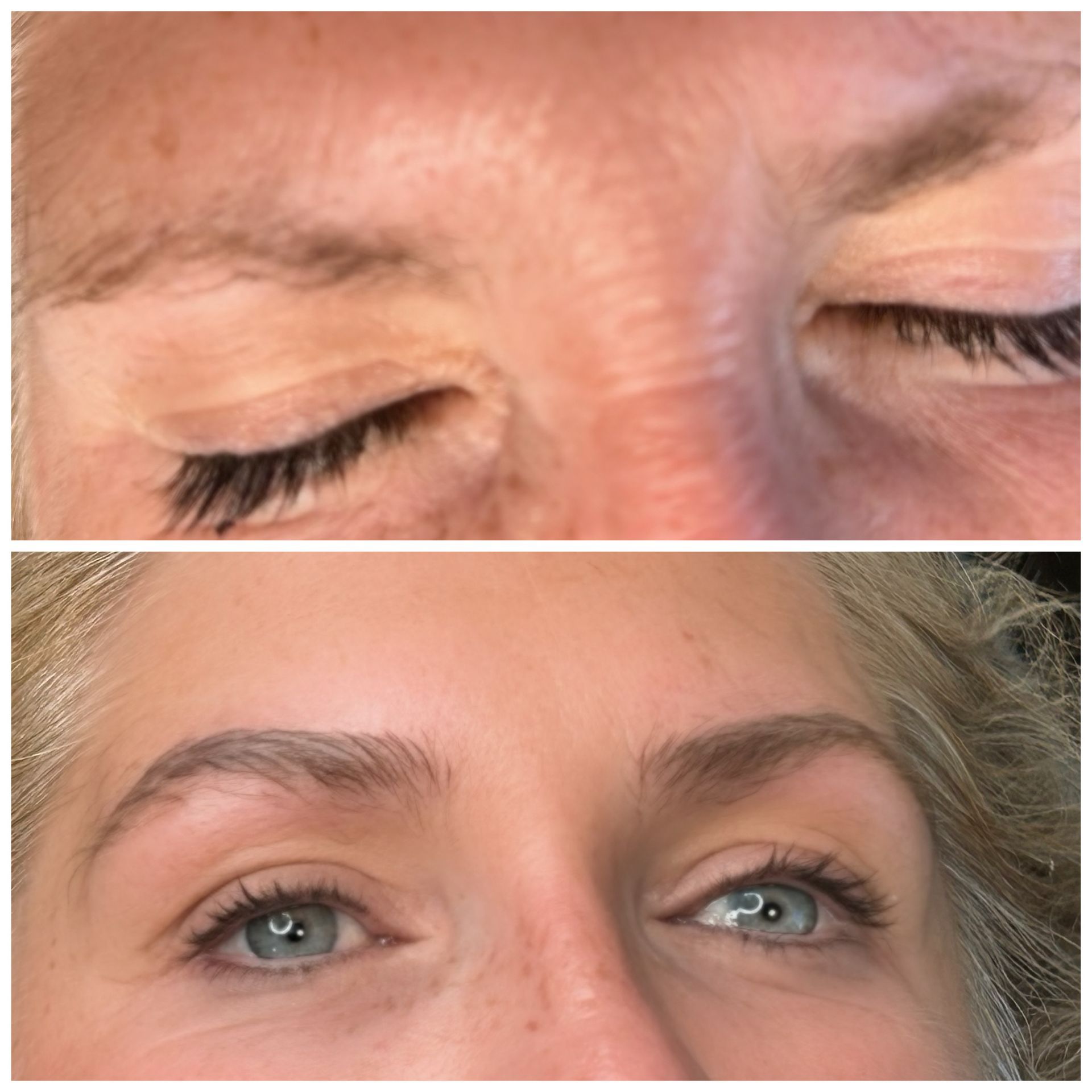 A before and after picture of a woman 's eyebrows.