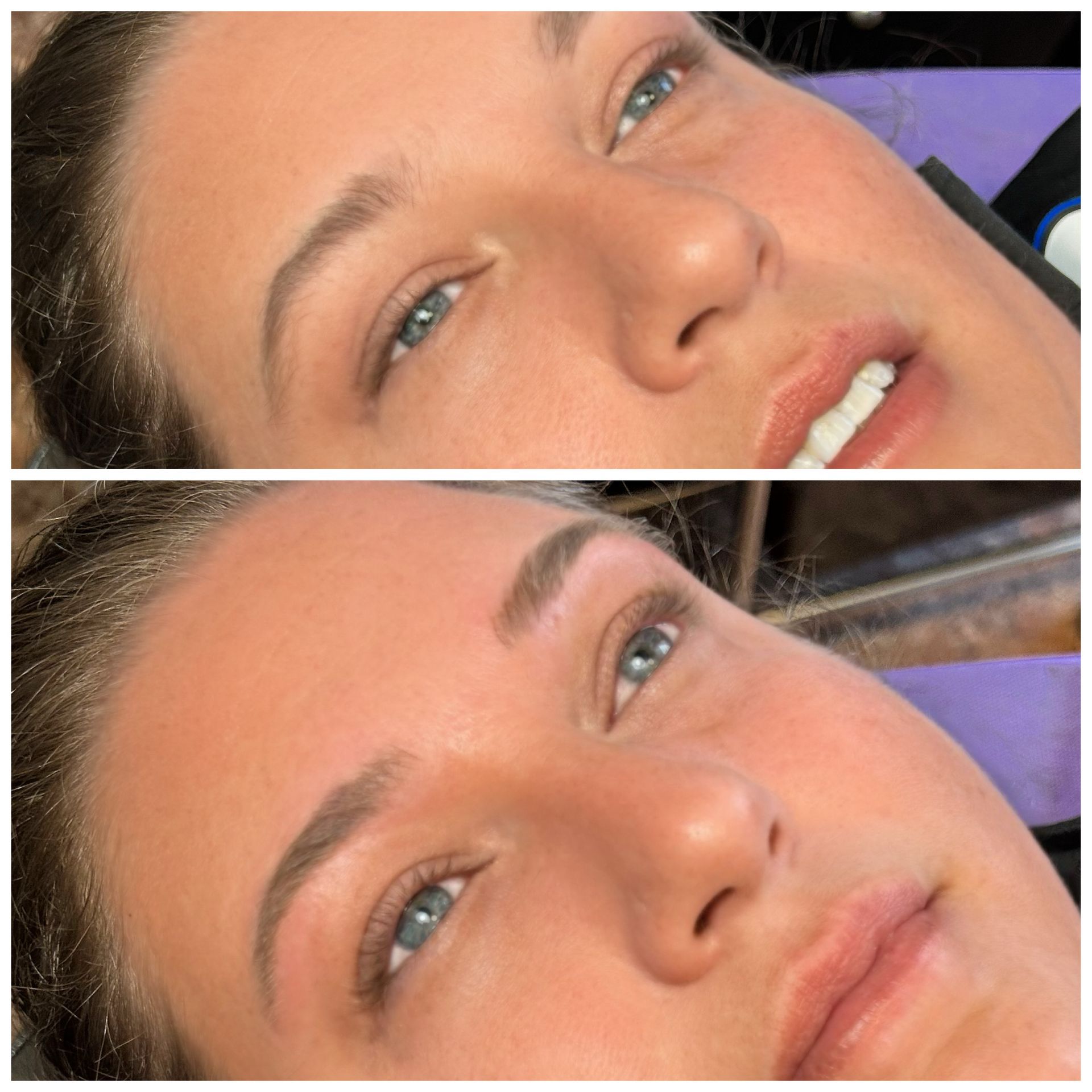 A before and after picture of a woman 's eyebrows.