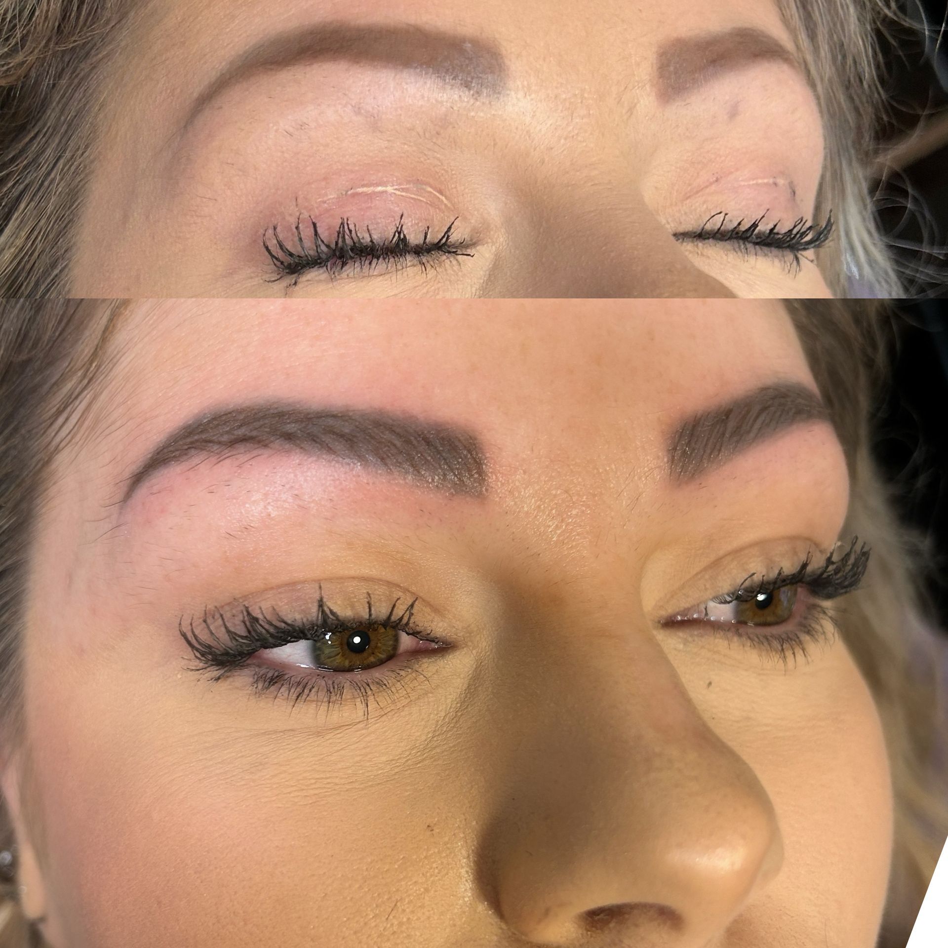 A before and after picture of a woman 's eyebrows