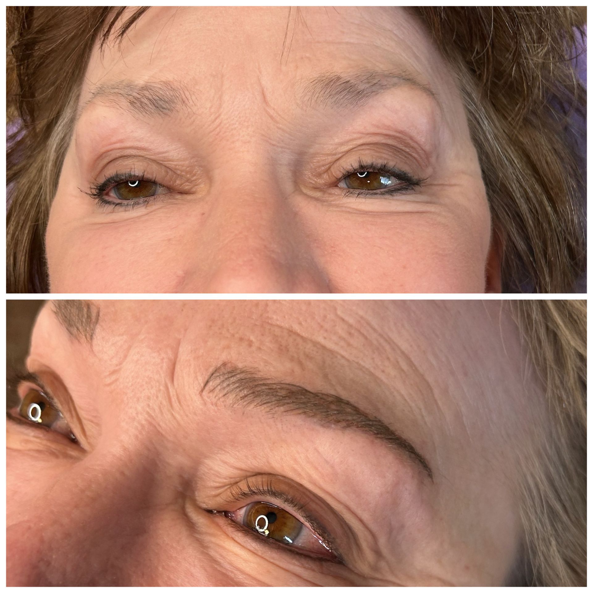 Two close-up shots of a person's eyes. Top: pale eyebrows, dark eyeliner. Bottom: shaped, darker eyebrows.