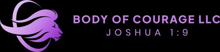 A logo for body of courage llc with a purple lion on a black background.